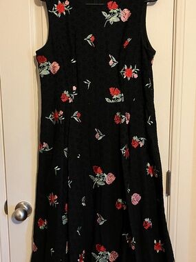 Calvin Klein Black Dress with Red Floral Embroidery
